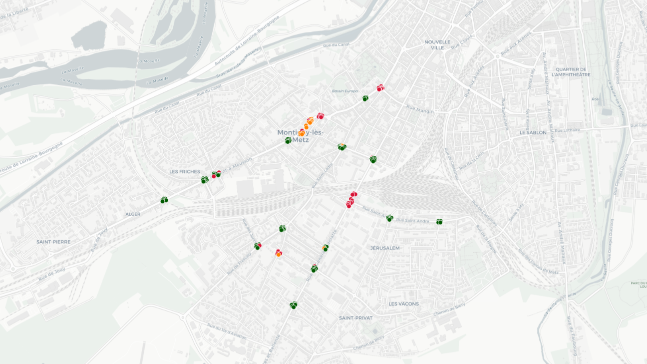 Carte des répétiteurs de feux sonores de Montigny-lès-Metz