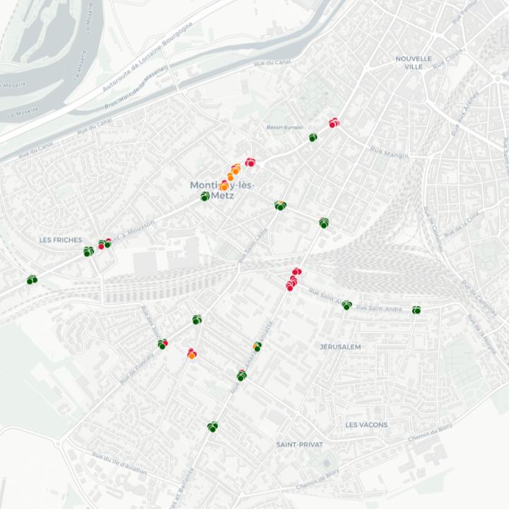 Carte de l'état des lieux  des répétiteurs de feux sonores de Montigny-lès-Metz (mai 2023)