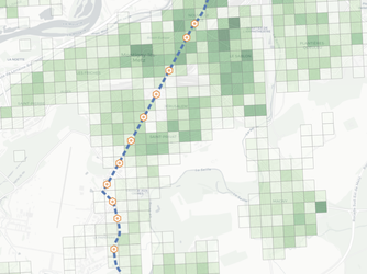 Carte d'analyse démographique autour des arrêtes de la futur ligne de bus METTIS C